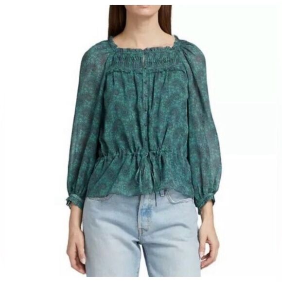 Joie Women's Size 1X Green Blue Pine 100% Silk Asseline Long Sleeve Blouse Top - Picture 2 of 13